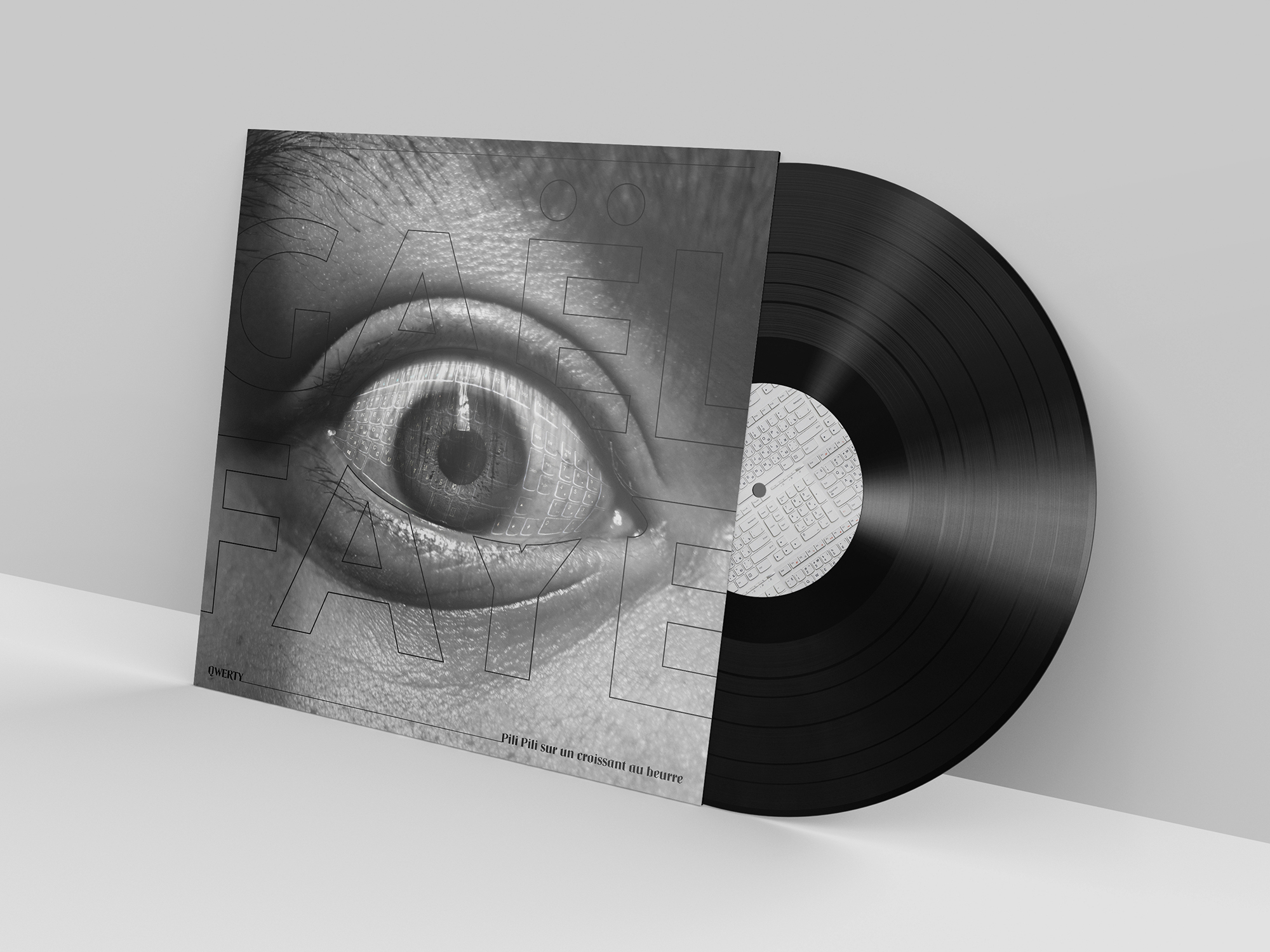 Maquette d'une pochette de vinyle dont le visuel présente une photo noire et blanc d'un oeil grand ouvert dans lequel se reflète un clavier d'ordinateur