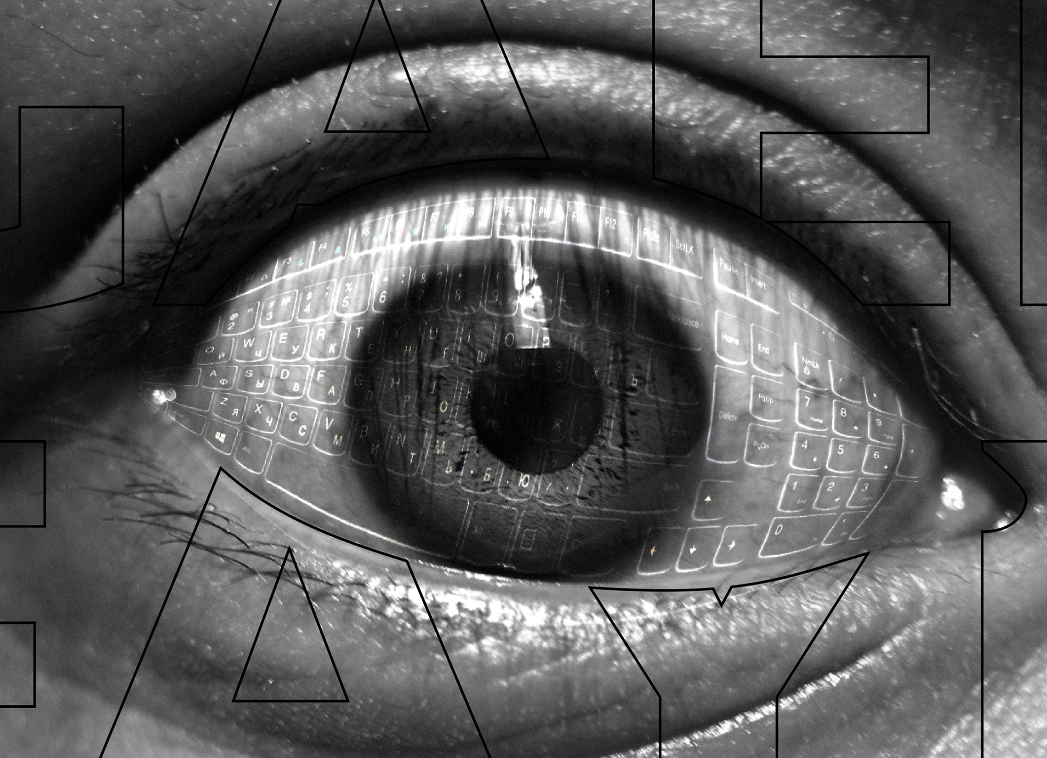 Zoom sur le visuel qui présente une photo noire et blanc d'un oeil grand ouvert dans lequel se reflète un clavier d'ordinateur