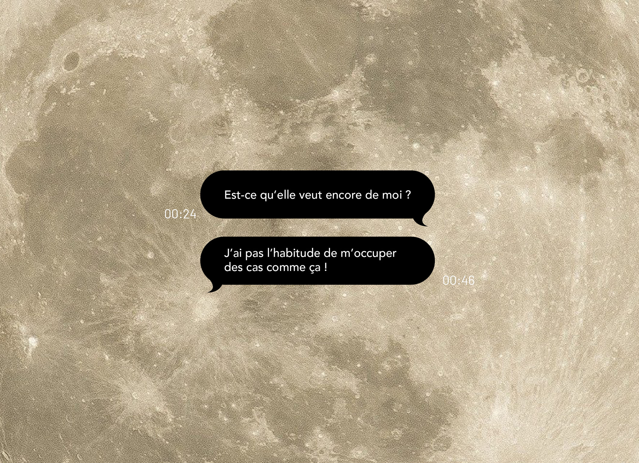 Zoom sur le visuel qui présente une photo de lune sur fond noir avec des bulles de conversations au centre pour présenter le titre