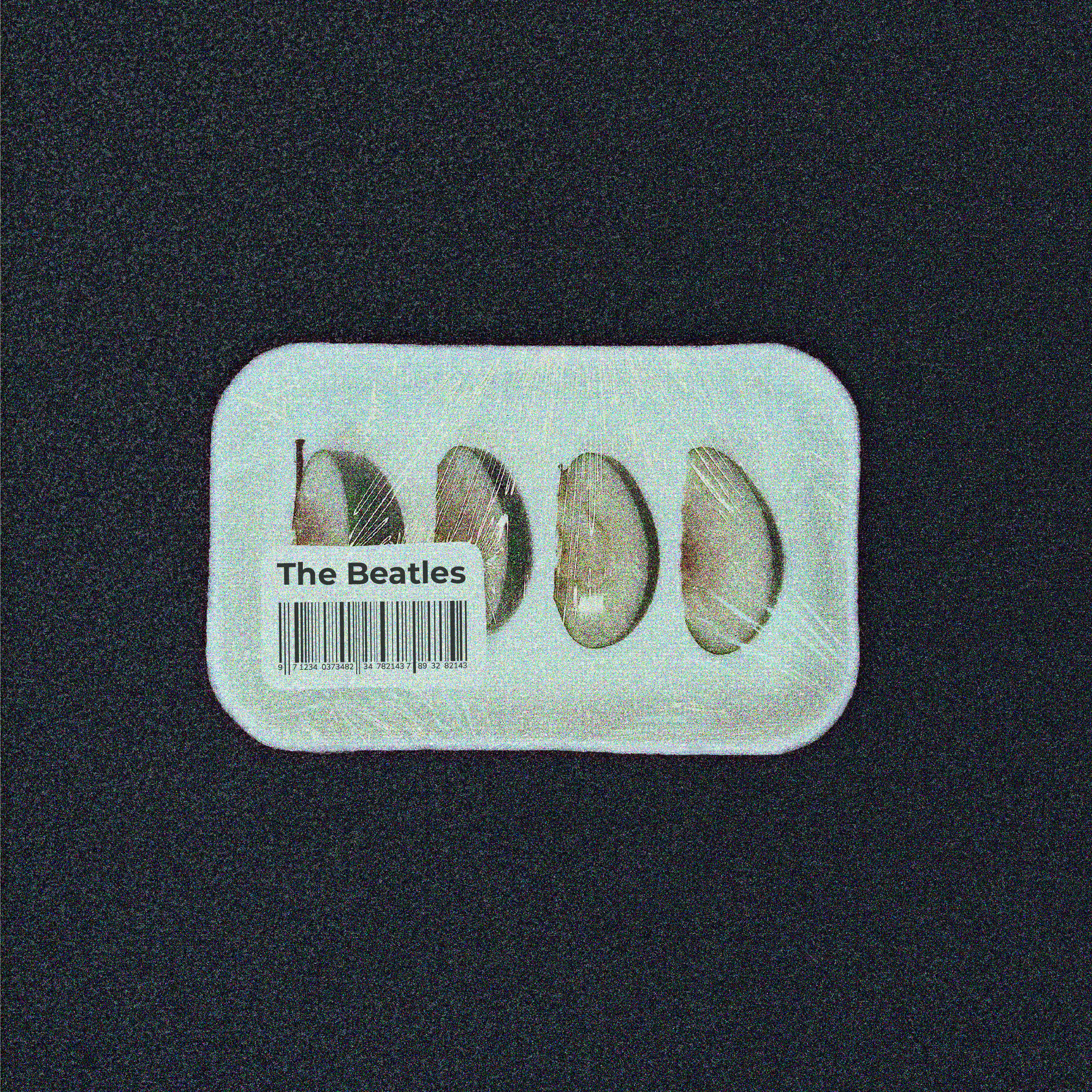 visuel de la pochette de vinyle dont le visuel présente une photo d'une barquette alimentaire dans laquelle se trouve des quartiers de pommes, avec une étiquette avec un code barre et le nom du groupe "Beatles". Sur fond noir.